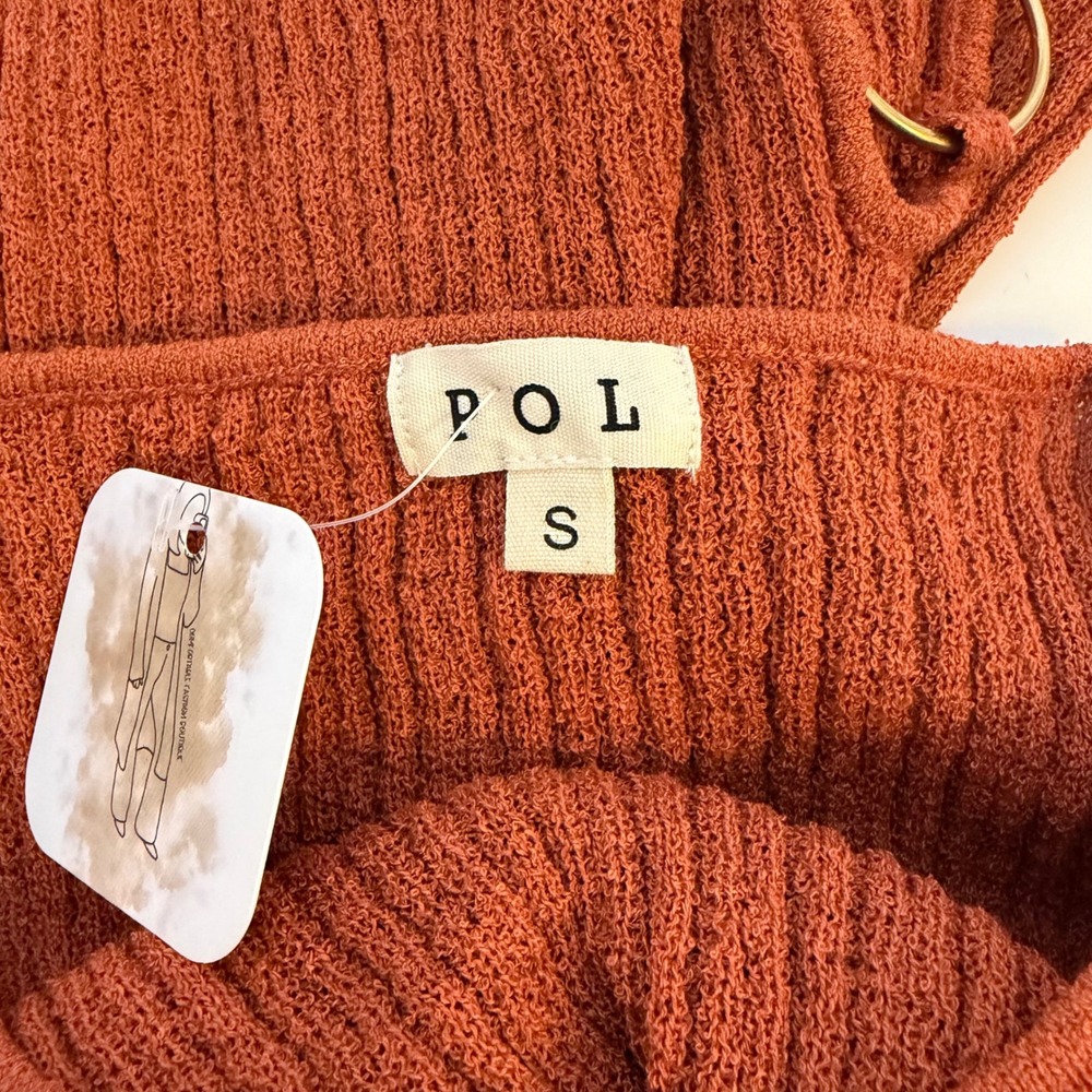 New-POL Ribbed Knit Long Sleeve Mini Dress Rust Orange Gold Ring Side Detail‎ S - Picture 3 of 8